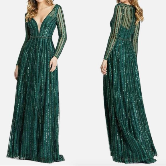 MAC DUGGAL 11184 PLUNGING STRIPED SEQUIN LONG SLEEVE EMERALD GREEN GOWN sz 18 - Picture 3 of 4